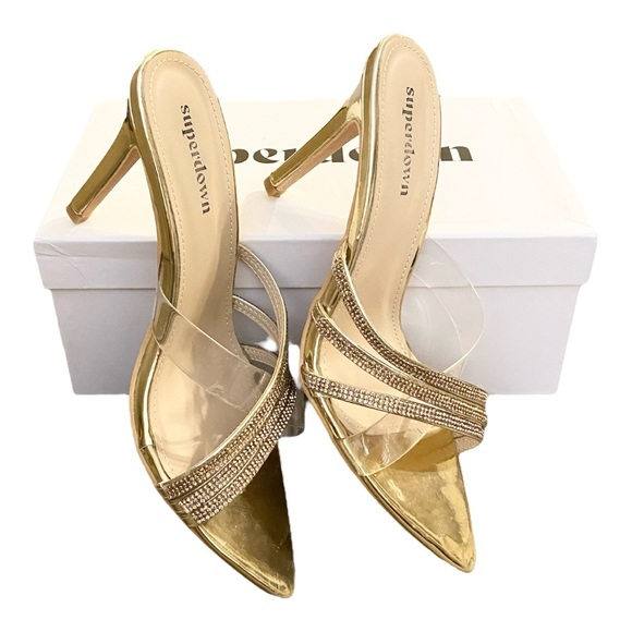 Superdown Lynn Stiletto Heel Slip On Sandal Gold Metallic Crystals Size 9 - Picture 1 of 10